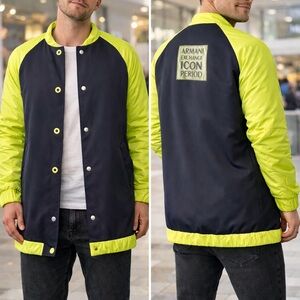 Armani Exchange Men's Black and Neon Yellow Varsity Jacket